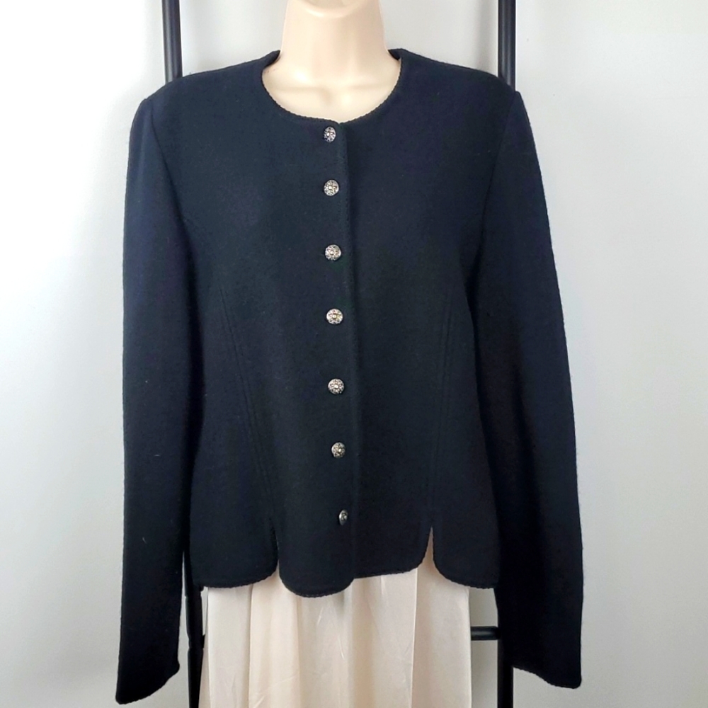 Vintage 70s Deans of Scotland Wool Black Jacket Sweater Blazer Women Size L